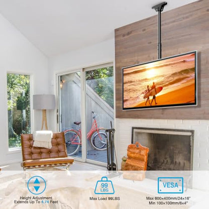 MOUNTUP Ceiling TV Mount for 40-75 Inch Flat Curved TVs, 360° Rotation Heavy Duty Articulating Pole with 99 lbs Capacity, Max VESA 600x400mm, Adjustable Height Ceiling Mount for Restaurant/Office - size: Height 60.6'', Indoor