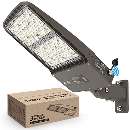 YARBO LED Parking Lot Light - 320W/300W/280W Switchable, 5000K 51200LM 160LM/W Shoebox Light, Dusk to Dawn Photocell, IP65 Waterproof ETL 100-277V for Warehouses & Stadiums, Arm Mount & Slip Fitter - size: 320W-300W-280W Switchable