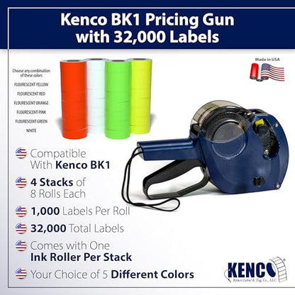 Kenco BK 1 Line Price Gun Kit - Includes 6,000 Labels, 2 Ink Rollers, Label Scraper - 8 Digit Labeler for Pricing, Dating, and Coding (BK-1 KIT 32,000 Labels) - size: BK-1 KIT 32,000 LABELS