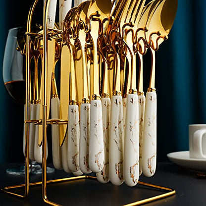 24-Piece Gilded Stainless Steel Flatware Set,Kitchen Utensil Tableware Cutlery Set Service for 6, Steak Cutlery Set for Home and Restaurant (White)… - color: White