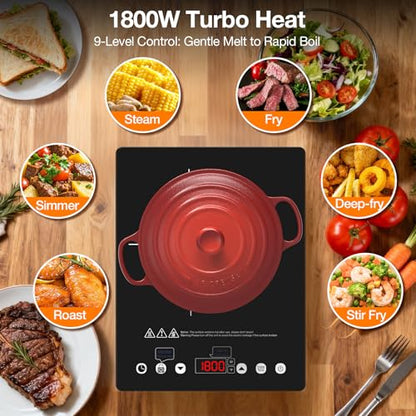 Electric Cooktop 110v,Single Burner Electric Stove Infrared Cooktop Hot Plate 1800W,4-Hour Setting,Black Crystal Glass Surface Compatible for All Cookware