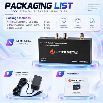 J-Tech Digital SDI Splitter | 1 Input, 2 Outputs | Supports up to 1320ft. | Compatible with SD, HD, 3G-SDI for Cameras, Monitors [JTDSDI0102] - size: 1x2