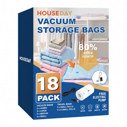 HOUSE DAY 18 Pack Vacuum Storage Bags with Electric Pump, Valve, Space Saver Vacuum Seal Bags for Clothing, Comforters, and Travel Essentials 3 Jumbo,3 Large,3 Medium,3 Small/3 Small,3 XS Roll Up Bag - size: 18 Combo-E PUMP