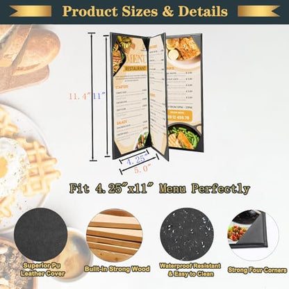 Restaurant Menu Covers Holders 4.25" x 11" Synthetic Leather Triple Fold Panels 4 View Angled Corners Black for Wine List,Drinks,Coffee,Cocktail(1 Pack, 4 Views, 4.25 x 11 inch) - size: 4.25 x 11 inch (4 views/ 1 pack)