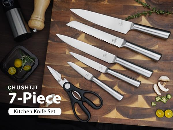 CHUSHIJI 6-Piece Small Stainless Steel Knife Set with Block, High Carbon Steel, Dishwasher Safe Gift - color: Silver