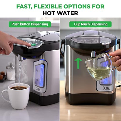 NutriChef Electric Water Boiler and Warmer - 3L/3.17 Qt Stainless Steel Electric Hot Water Dispenser w/Rotating Base, Auto Shut Off, Safety Lock, Instant Heating for Coffee & Tea (NCHUB13) - size: 3.2 Quarts