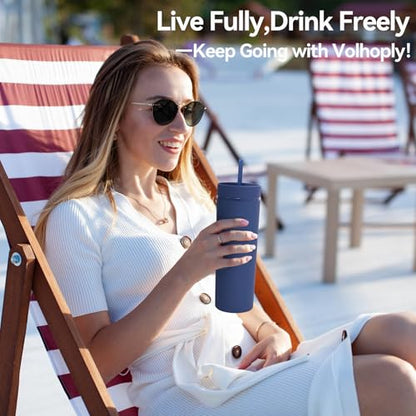 Volhoply 20oz Tumbler with Lid and Straw 8 Pack,Double Wall Plastic Skinny Tumblers Bulk,Reusable Travel Cute Coffee Mug,BPA Free Matte Acrylic Water Cups With Straw for Party,DIY Gifts(Navy, 8 Set) - color: Navy