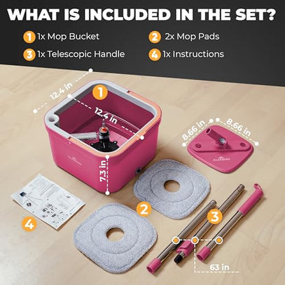 Mop and Bucket Set with Wringer, Dual-Chamber Flat Mop, Pink – ALANBERG - color: Pink