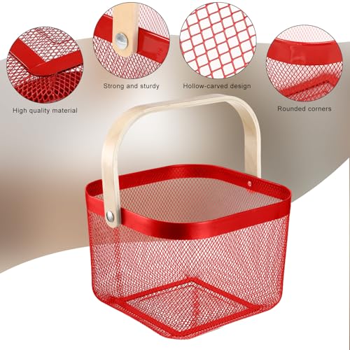Roshtia 6 Pcs Metal Mesh Basket with Handle, Garden Basket for Christmas - color: Red, size: 9.65 x 9.65 x 7.09 Inch