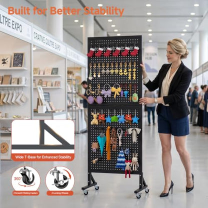 Peg Board Display Stand with Wheels,50 Hooks,2'x 5.5' - Black - color: Black
