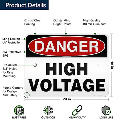 Danger High Voltage Sign, 18x24 Inches, 3M EGP Reflective, Rust Free .080 - size: 18x24 - Aluminum Reflective
