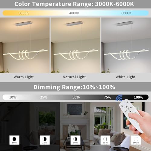Modern Pendant Light Kitchen Island 57in Dimmable Hanging Lamp 3000k-6000K Adjustable Warm/Nautral/White with Remote Control, Dining Room Light Fixture Chrome Silver - color: A-Silver, size: 57inch