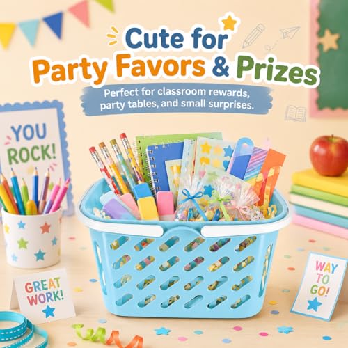NUOBESTY 1Pc Shopping Basket Toy, Mini Grocery Bin with Handles Kids Pretend Play Blue Plastic Basket for Role Play, Toy Storage, Party Favors (10.24 x 6.69 x 5.12 in)