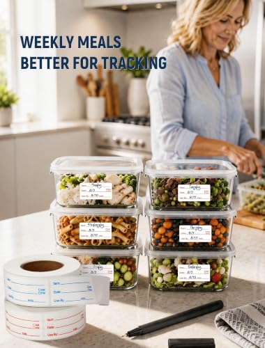 2 Rolls 1000 Pcs Removable Food Labels, 1 x 2 Inch Date Stickers w/Bonus Writing Pen for Freezer Refrigerator Food Containers, Easy to Write on Food Labeling for Food Storage Organization Kitchen Use