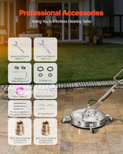VEVOR 20 Inch Pressure Washer Surface Cleaner, 4000 PSI Stainless Steel Attachment with 4 Wheels, 2 Nozzles, 3/8 Inch Quick Connect and Dual Handle for Concrete, Patio, Sidewalk - size: 20 Inch w/ Handle & Wheels