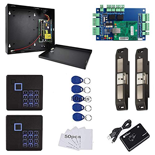 MENGQI-CONTROL 2 Doors Smart Access Control for Fire Exit Door Rim Exit Devices with Push Bar Electric Strike Lock RFID Keypad Reader 110V Power Supply Box Keychains Cards(Phone APP Remote Open Door) - style: 2Door PushBar Strike