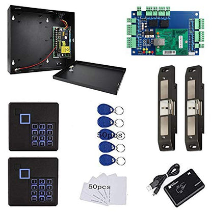 MENGQI-CONTROL 2 Doors Smart Access Control for Fire Exit Door Rim Exit Devices with Push Bar Electric Strike Lock RFID Keypad Reader 110V Power Supply Box Keychains Cards(Phone APP Remote Open Door) - style: 2Door PushBar Strike