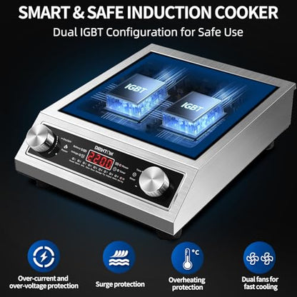 Induction Cooker, 2200W Commercial Induction Cooktop, Large Countertop Burner with 10 Cooking Functions & Dual IGBT for Safe Use, Portable Stainless Steel Hot Plate with 3 Hours Timer, 120V