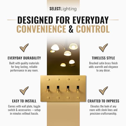 Select 4-Gang Solid Brass Toggle Switch, 3-Way Compatible with Faceplate - color: Satin Brass, size: 4 Gang, style: Toggle Switch