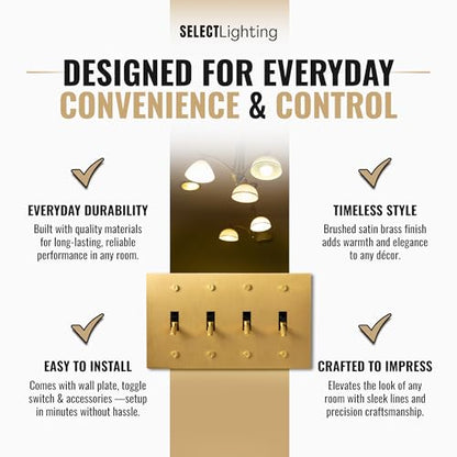 Select 4-Gang Solid Brass Toggle Switch, 3-Way Compatible with Faceplate - color: Satin Brass, size: 4 Gang, style: Toggle Switch