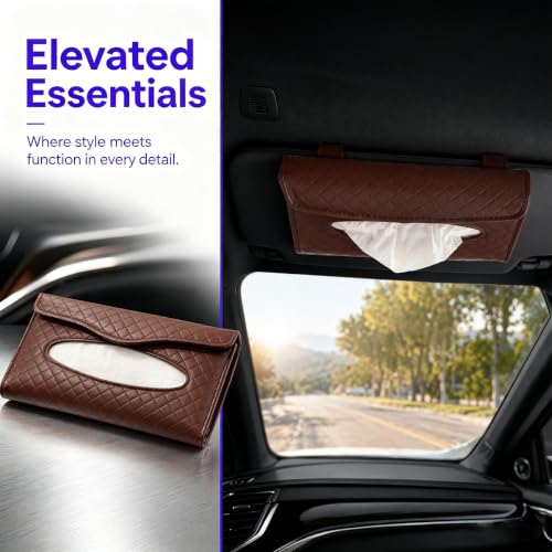 Car Visor Tissue Holder, Clip-on, Large Opening, PU Leather, Brown - color: Brown