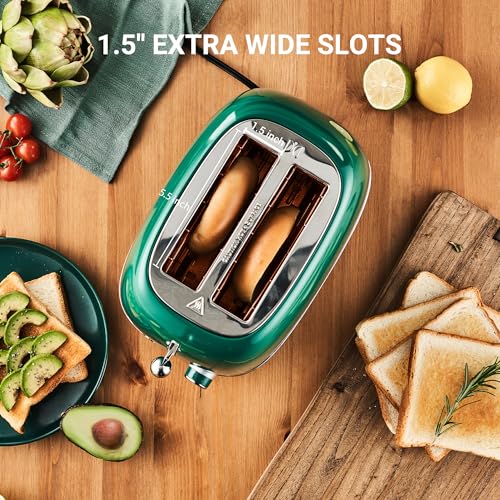 Roter Mond 2 Slice Toaster Retro Stainless Steel with Bagel, Cancel, and Defrost Functions, 6 Bread Shade Settings, Extra Wide Slots and Removable Crumb Tray, Green - color: Green