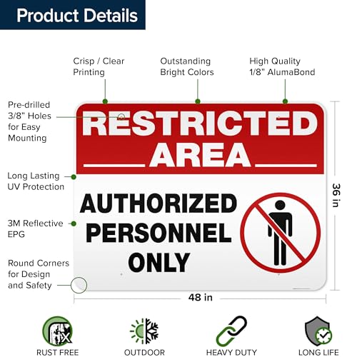 Restricted Area Authorized Personnel Only Sign, 36x48 Inches, Reflective, - size: 36x48 Reflective Aluminum