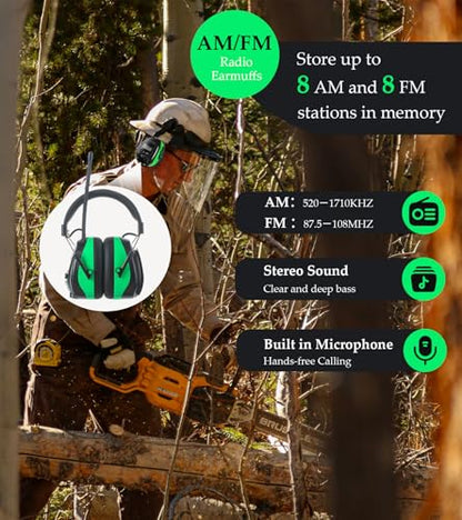Digital AM/FM Radio Hearing Protection Earmuffs, 25 dB NRR - color: Am Fm Radio + Green