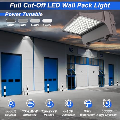 120W LED Full Cut-Off Wall Pack Light with Photocell, 5000K Wattage Tunable - size: 60/80/100/120W