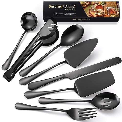 AARAINBOW Exquisite 8 Pieces Serving Utensils Set, Stainless Steel Serving Utensils Large Hostess Serving Set with Serving Spoons, Serving Tongs, Serving Fork, Cake Knife for Parties Buffet (8 Black)… - color: Black