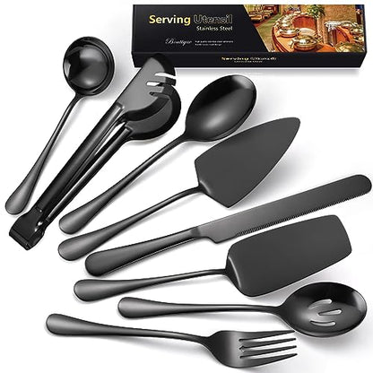 AARAINBOW Exquisite 8 Pieces Serving Utensils Set, Stainless Steel Serving Utensils Large Hostess Serving Set with Serving Spoons, Serving Tongs, Serving Fork, Cake Knife for Parties Buffet (8 Black)… - color: Black