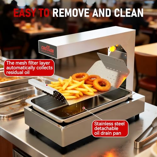 CROSSON French Fry Food Warmer, Commercial French Fry Heat Lamp Electric Stainless Steel Fries Dump Station Countertop 5-Level Adjustable Heating Duration for Food Truck Restaurant Parties 600W