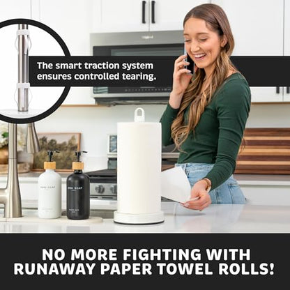 Stainless Steel Paper Towel Holder with Spray Pump – One-Handed Tear, Smart Traction System with Heavy Duty Suction Cups (White, Spray Pump) - color: White