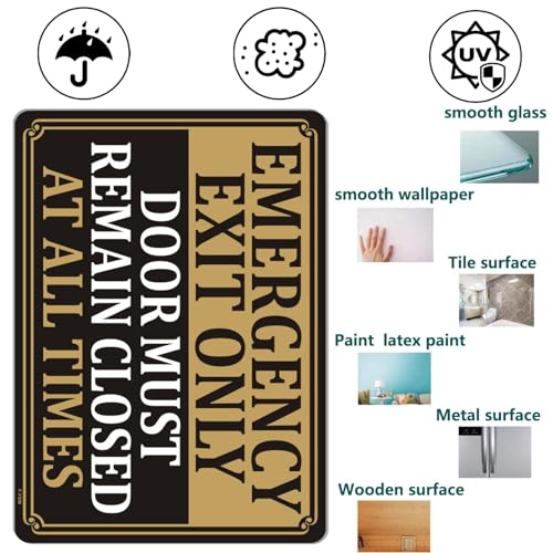 Emergency Exit Only Signs Door Must Remain Closed At All Time Sign 10" x 7" Acrylic Plastic Keep Gate Closed Sign Self-adhesive for Restaurant Salons Hotel Motel Rest Stops Public