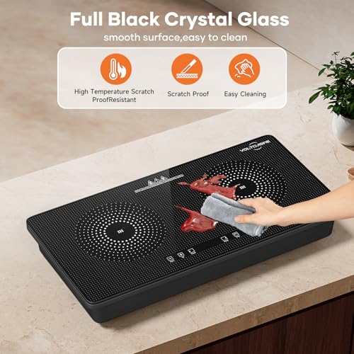 1800W Double Induction Cooktop with Dual 900W Burners, Minimalist Design, Touch Control, 8 Power Levels, Timer & Safety Lock for Kitchen RV Countertop Use