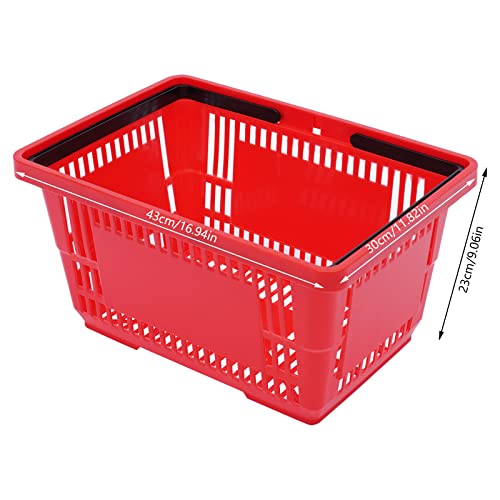 12Pcs Plastic Shopping Baskets with Handles, 18L Stackable Grocery Basket Bulk, Durable Plastic Shopping Cart, Large Portable Store Baskets for Retail Store Supermarket Supplies, 17" x 12" x 9" - color: Red