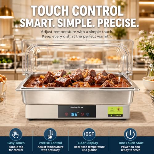 Electric Chafing Dish Buffet Server with Touch Control, 9QT Full Size Food Pan, Stainless Steel Roll Top Food Warmer for Catering Buffet - size: 608-Full Pan