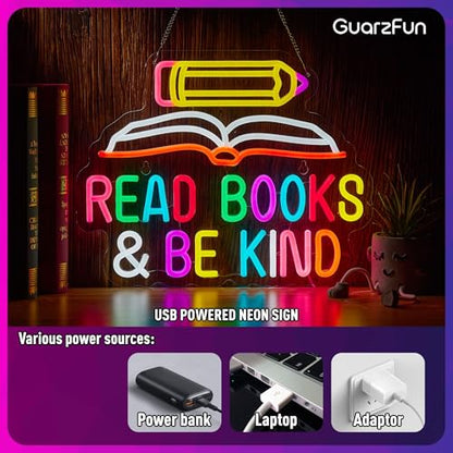 Read Books and Be Kind Neon Sign Pencil Book Neon Light Student LED Neon Light Colorful Neon Light Up Signs for Classroom Bookstore Library Museum Study Room - color: Yellow Pink