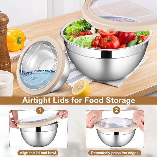 LIANYU 6 PCS Stainless Steel Mixing Bowls with Visible Lids for Cooking - color: Khaki, style: Atlas Base with Visible Lids