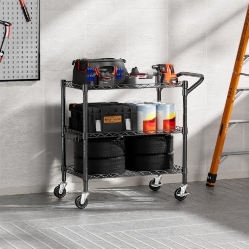 NTE 3 Tier Heavy Duty Utility Cart on Wheels, 990Lbs Rolling Wire Cart - color: Black