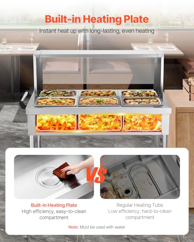 VEVOR 6-Pan Commercial Food Warmer, 6 x 1/2 Pans Electric Steam Table, 1500W Professional Buffet Catering Food Warmer with Shield Undershelf Wheels, Stainless Steel Server for Party Restaurant - size: 6*1/2 Pans