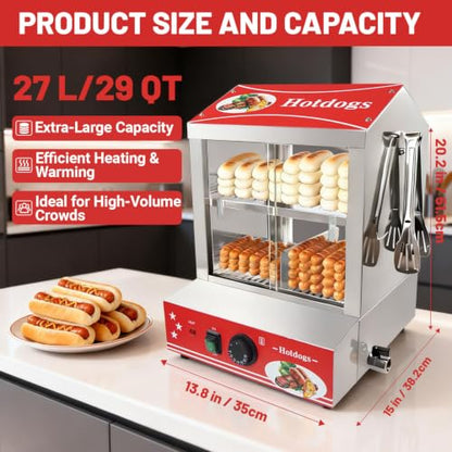 29 QT Hot Dog Steamer with Bun Warmer - Electric Steaming Machine 2-Tier Capacity for 175 Hot Dogs & 40 Buns, Visible Glass Slide Doors for Commercial Home Use