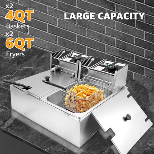 Commercial Deep Fryer with Baskets, 5000W Thickened Stainless Steel Electric Oil Fryer, Large Capacity with Temperature Control (12L) - size: 12L