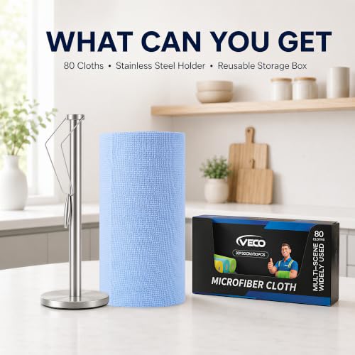 Veco Microfiber Cleaning Cloth Roll with Holder 80 PCS, 12" x 12" Blue - color: Blue-st