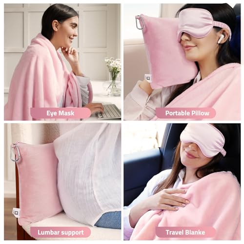 Travel Blanket Pillow,Airplane Blanket Compact with Bag Eye Mask, Ultra-Soft,Warm & Lightweight Included,Travel Essentials for Women & Men, Luggage Sleeve & Backpack Clip 65x40 in, Pink - color: Pink