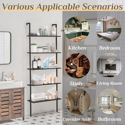 Karl home Dark Walnut 5 Tier Wall Mount Ladder Shelf, Metal Frame Bookcase - color: Dark Walnut