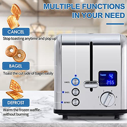 CUSIMAX 2 Slice Stainless Steel Toaster with Digital LED Display, Silver - color: Silver Stainless Steel, size: 2 Slice