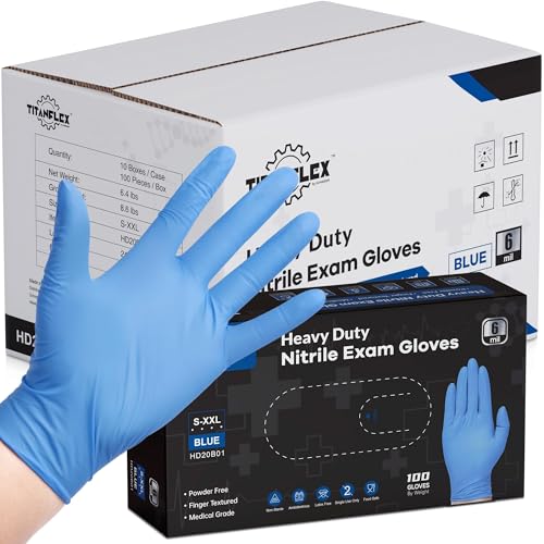 TitanFlex Nitrile Exam Gloves, Blue, 6-mil, Heavy Duty Nitrile Gloves, Mechanic Disposable Gloves, Latex Free, Powder Free - color: Blue - Large - Case of 1000
