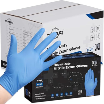 TitanFlex Nitrile Exam Gloves, Blue, 6-mil, Heavy Duty Nitrile Gloves, Mechanic Disposable Gloves, Latex Free, Powder Free - color: Blue - Medium - Case of 1000