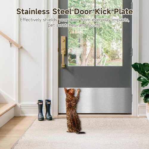 OMISTAR 2 Pcs Stainless Steel Door Kick Plates, 8 x 34 in Self-Adhesive Front Door Kick Plates, Metal Door Plates, Anti-Scratch Door Bottom Protectors for 36" Interior Exterior Doors